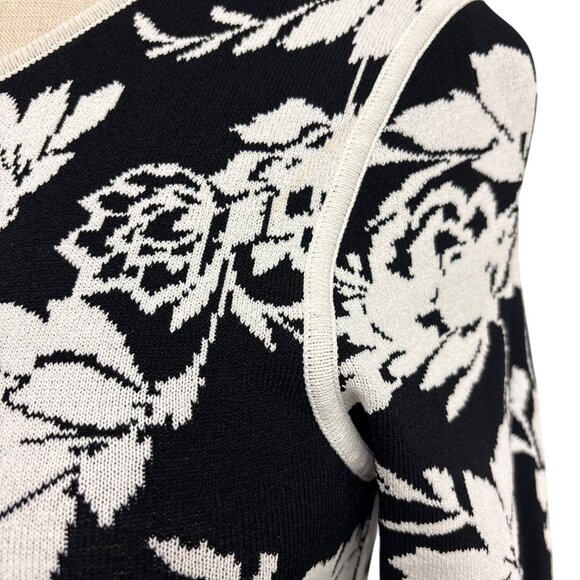 Reversible Black & White Floral Knit Dress 3/4 Sleeves Fit & Flare Style Womens - Picture 7 of 15